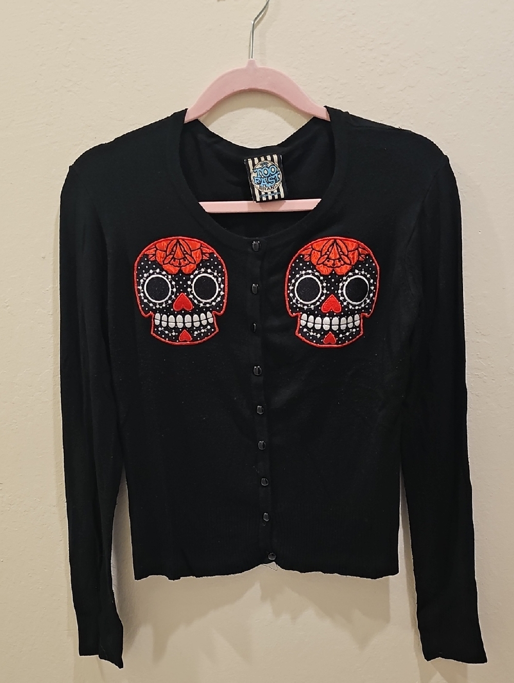 Too Fast Black Cardigan with Red Sugar Skull Patches